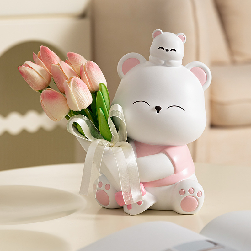 Διακοσμητική φιγούρα από ρητίνη: αρκουδάκι που αγκαλιάζει λουλούδια, κατάλληλη για ράφι τηλεόρασης και γραφείο — μοντέρνο μινιμαλιστικό στιλ; ιδανικό δώρο
