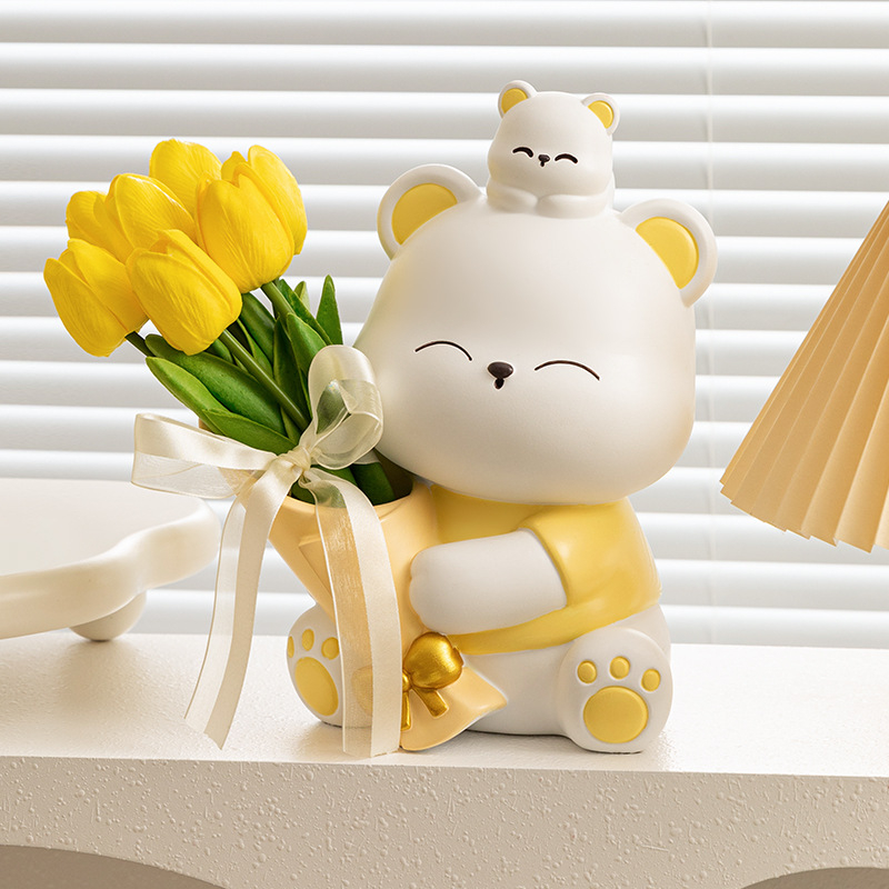 Διακοσμητική φιγούρα από ρητίνη: αρκουδάκι που αγκαλιάζει λουλούδια, κατάλληλη για ράφι τηλεόρασης και γραφείο — μοντέρνο μινιμαλιστικό στιλ; ιδανικό δώρο