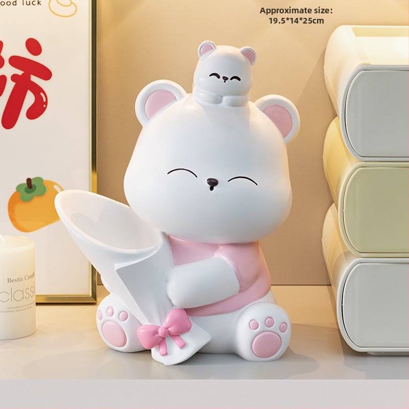 Διακοσμητική φιγούρα από ρητίνη: αρκουδάκι που αγκαλιάζει λουλούδια, κατάλληλη για ράφι τηλεόρασης και γραφείο — μοντέρνο μινιμαλιστικό στιλ; ιδανικό δώρο