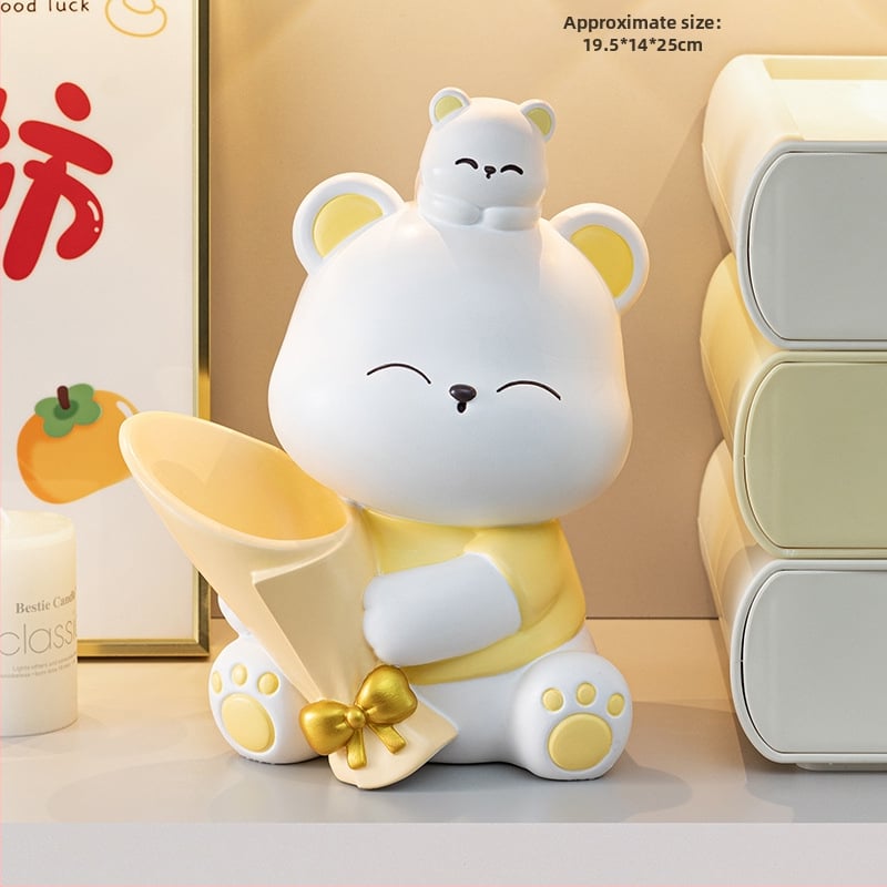 Διακοσμητική φιγούρα από ρητίνη: αρκουδάκι που αγκαλιάζει λουλούδια, κατάλληλη για ράφι τηλεόρασης και γραφείο — μοντέρνο μινιμαλιστικό στιλ; ιδανικό δώρο