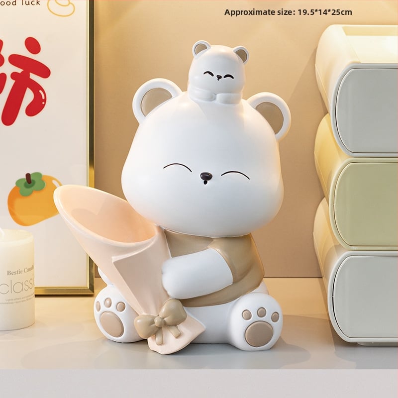 Διακοσμητική φιγούρα από ρητίνη: αρκουδάκι που αγκαλιάζει λουλούδια, κατάλληλη για ράφι τηλεόρασης και γραφείο — μοντέρνο μινιμαλιστικό στιλ; ιδανικό δώρο