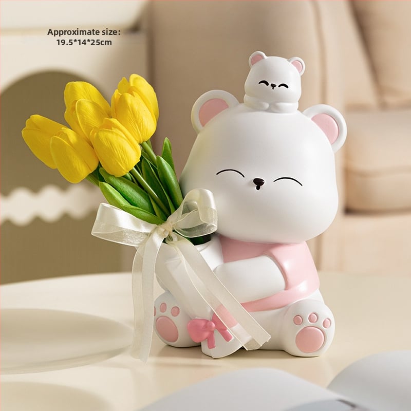 Διακοσμητική φιγούρα από ρητίνη: αρκουδάκι που αγκαλιάζει λουλούδια, κατάλληλη για ράφι τηλεόρασης και γραφείο — μοντέρνο μινιμαλιστικό στιλ; ιδανικό δώρο