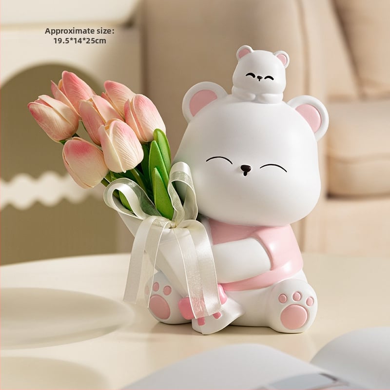 Διακοσμητική φιγούρα από ρητίνη: αρκουδάκι που αγκαλιάζει λουλούδια, κατάλληλη για ράφι τηλεόρασης και γραφείο — μοντέρνο μινιμαλιστικό στιλ; ιδανικό δώρο