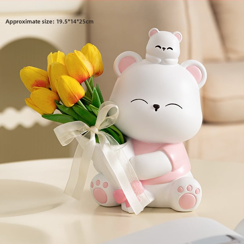 Διακοσμητική φιγούρα από ρητίνη: αρκουδάκι που αγκαλιάζει λουλούδια, κατάλληλη για ράφι τηλεόρασης και γραφείο — μοντέρνο μινιμαλιστικό στιλ; ιδανικό δώρο