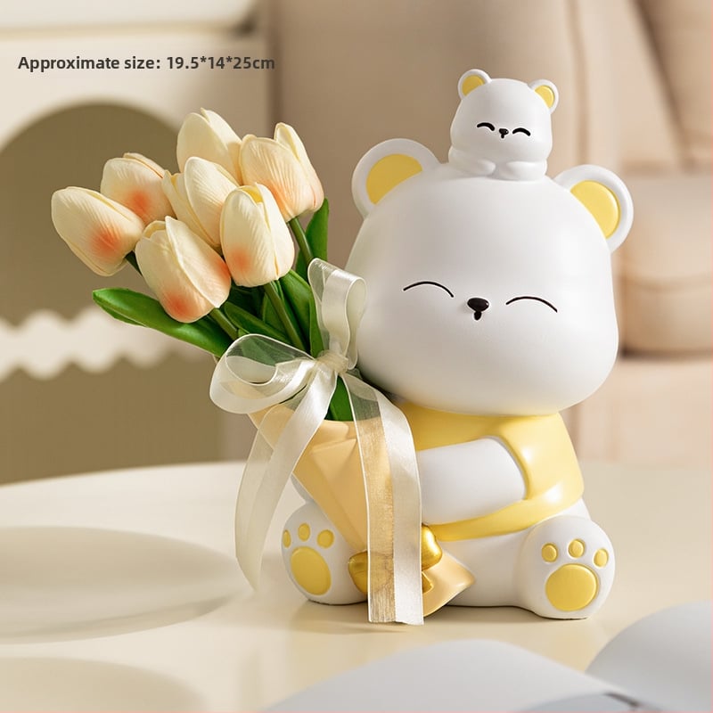 Διακοσμητική φιγούρα από ρητίνη: αρκουδάκι που αγκαλιάζει λουλούδια, κατάλληλη για ράφι τηλεόρασης και γραφείο — μοντέρνο μινιμαλιστικό στιλ; ιδανικό δώρο