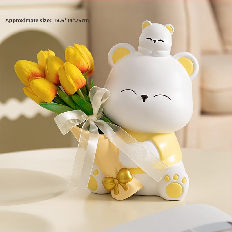Διακοσμητική φιγούρα από ρητίνη: αρκουδάκι που αγκαλιάζει λουλούδια, κατάλληλη για ράφι τηλεόρασης και γραφείο — μοντέρνο μινιμαλιστικό στιλ; ιδανικό δώρο