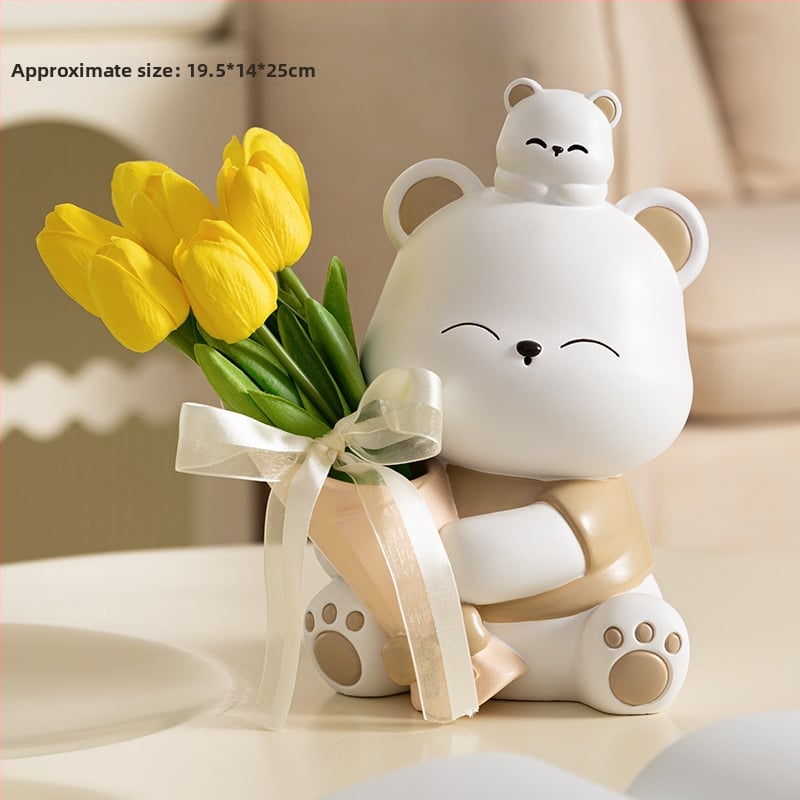 Διακοσμητική φιγούρα από ρητίνη: αρκουδάκι που αγκαλιάζει λουλούδια, κατάλληλη για ράφι τηλεόρασης και γραφείο — μοντέρνο μινιμαλιστικό στιλ; ιδανικό δώρο