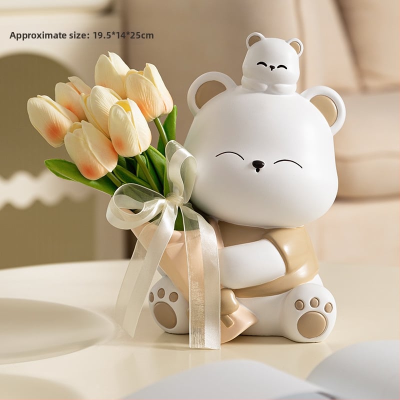 Διακοσμητική φιγούρα από ρητίνη: αρκουδάκι που αγκαλιάζει λουλούδια, κατάλληλη για ράφι τηλεόρασης και γραφείο — μοντέρνο μινιμαλιστικό στιλ; ιδανικό δώρο