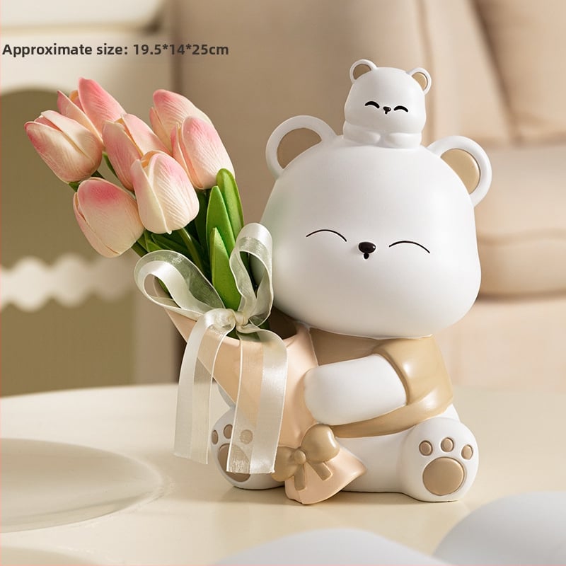 Διακοσμητική φιγούρα από ρητίνη: αρκουδάκι που αγκαλιάζει λουλούδια, κατάλληλη για ράφι τηλεόρασης και γραφείο — μοντέρνο μινιμαλιστικό στιλ; ιδανικό δώρο