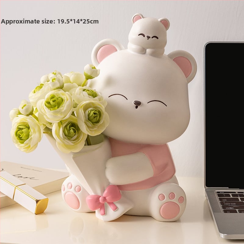 Διακοσμητική φιγούρα από ρητίνη: αρκουδάκι που αγκαλιάζει λουλούδια, κατάλληλη για ράφι τηλεόρασης και γραφείο — μοντέρνο μινιμαλιστικό στιλ; ιδανικό δώρο