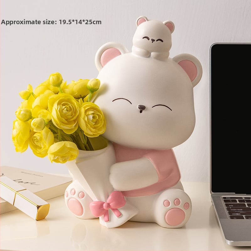 Διακοσμητική φιγούρα από ρητίνη: αρκουδάκι που αγκαλιάζει λουλούδια, κατάλληλη για ράφι τηλεόρασης και γραφείο — μοντέρνο μινιμαλιστικό στιλ; ιδανικό δώρο