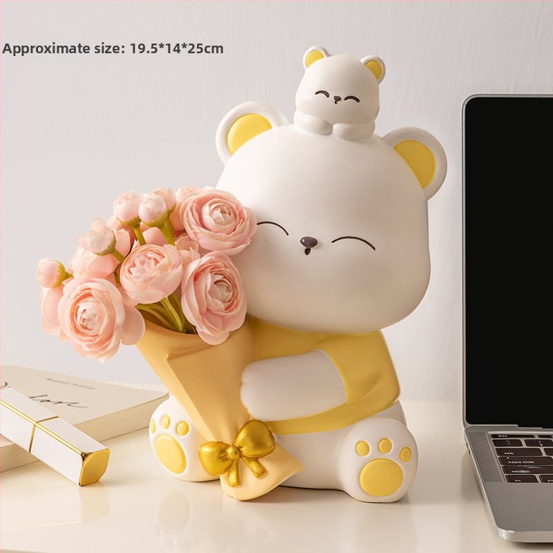 Διακοσμητική φιγούρα από ρητίνη: αρκουδάκι που αγκαλιάζει λουλούδια, κατάλληλη για ράφι τηλεόρασης και γραφείο — μοντέρνο μινιμαλιστικό στιλ; ιδανικό δώρο