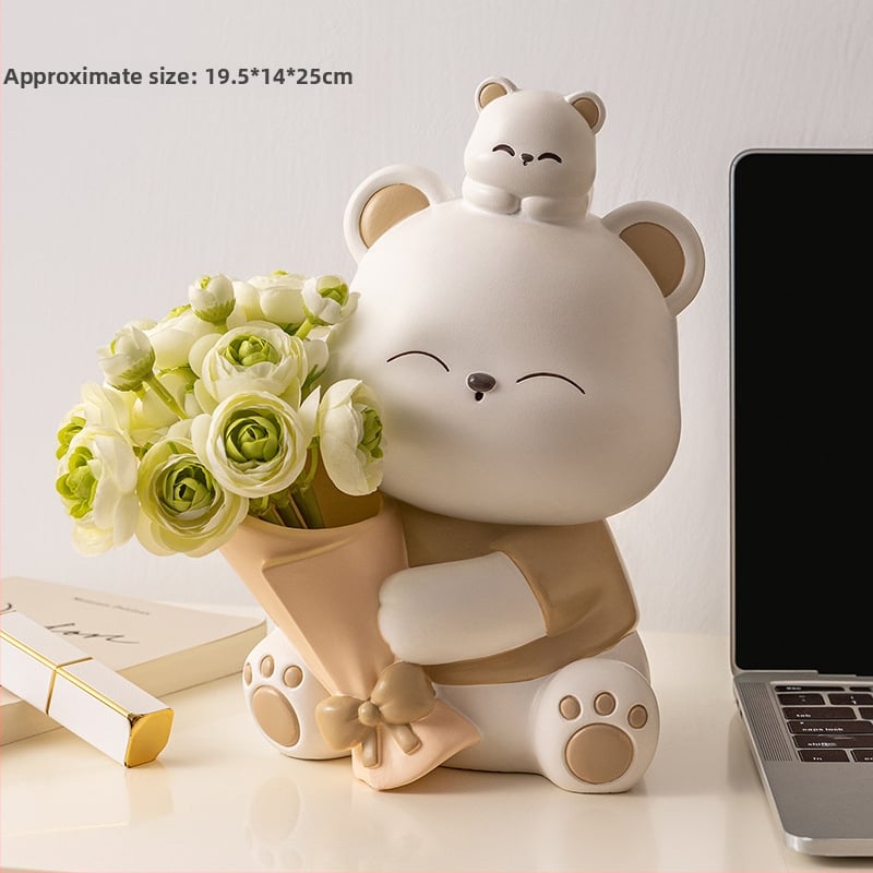 Διακοσμητική φιγούρα από ρητίνη: αρκουδάκι που αγκαλιάζει λουλούδια, κατάλληλη για ράφι τηλεόρασης και γραφείο — μοντέρνο μινιμαλιστικό στιλ; ιδανικό δώρο