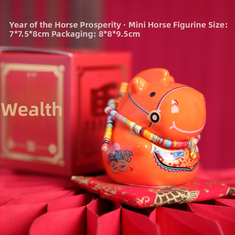 Keraminė arklių metų maskotė su monetų dėže – dekoratyvinė figūrėlė, asmeninė spauda, įmonės dovana dėžutėje