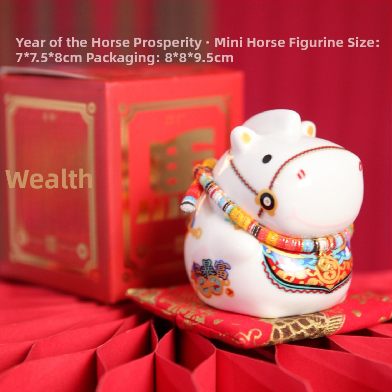 Keraminė arklių metų maskotė su monetų dėže – dekoratyvinė figūrėlė, asmeninė spauda, įmonės dovana dėžutėje