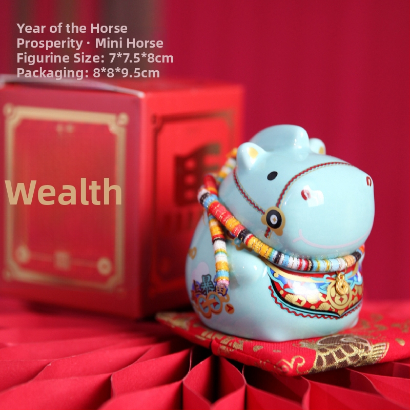 Keraminė arklių metų maskotė su monetų dėže – dekoratyvinė figūrėlė, asmeninė spauda, įmonės dovana dėžutėje