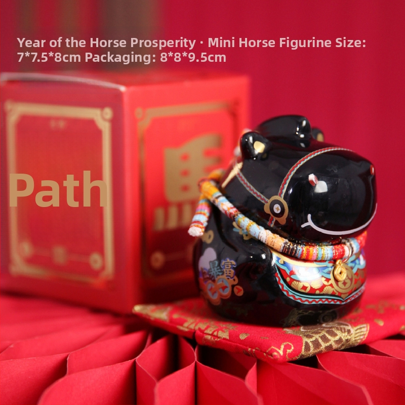 Keraminė arklių metų maskotė su monetų dėže – dekoratyvinė figūrėlė, asmeninė spauda, įmonės dovana dėžutėje