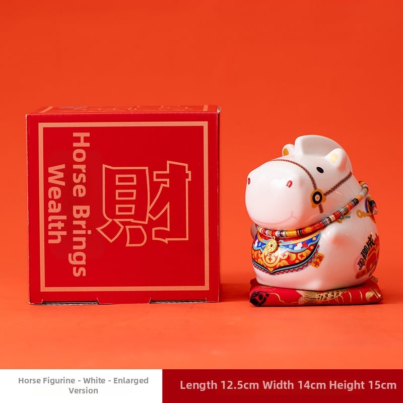 Keraminė arklių metų maskotė su monetų dėže – dekoratyvinė figūrėlė, asmeninė spauda, įmonės dovana dėžutėje