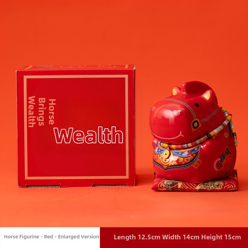Keraminė arklių metų maskotė su monetų dėže – dekoratyvinė figūrėlė, asmeninė spauda, įmonės dovana dėžutėje