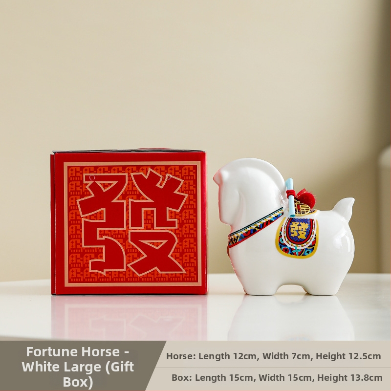 Keraminė arklių metų maskotė su monetų dėže – dekoratyvinė figūrėlė, asmeninė spauda, įmonės dovana dėžutėje
