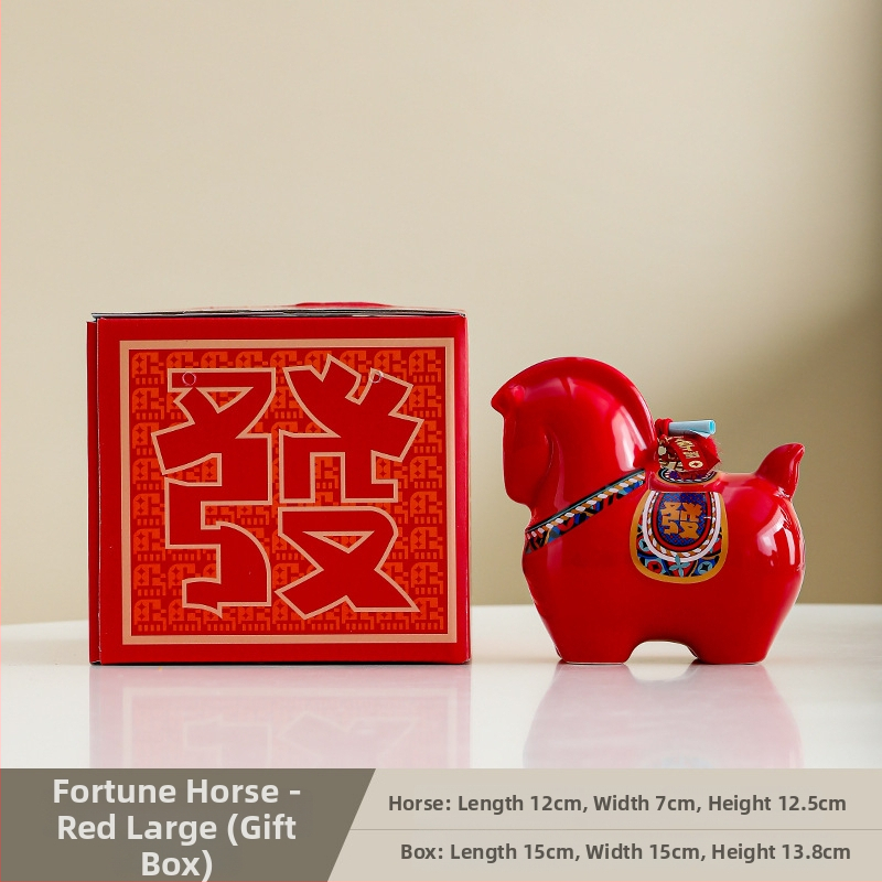 Keraminė arklių metų maskotė su monetų dėže – dekoratyvinė figūrėlė, asmeninė spauda, įmonės dovana dėžutėje