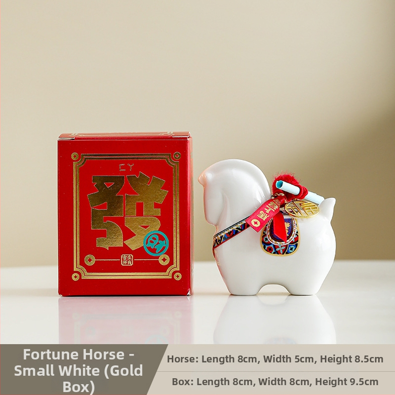 Keraminė arklių metų maskotė su monetų dėže – dekoratyvinė figūrėlė, asmeninė spauda, įmonės dovana dėžutėje