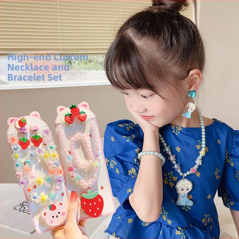 Vaikų papuošalų komplektas: karoliai, šviesos apyrankė, auskarai su kabliu ir žiedas – animacinių filmų princesės serija, plastikas/derva, amžius 3-10 metų