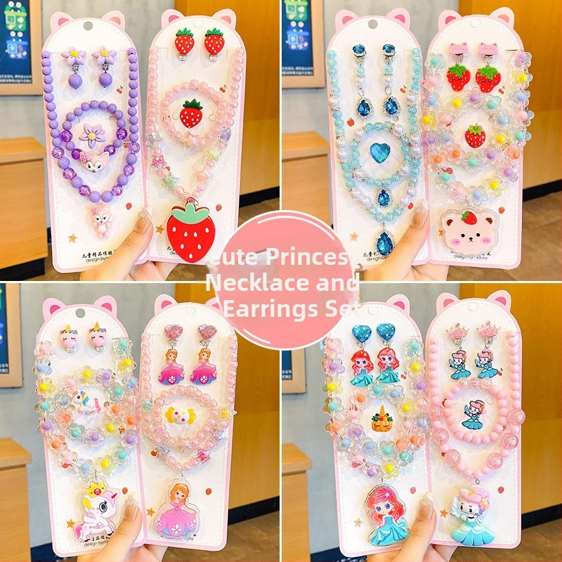 Detská súprava šperkov: náhrdelník, svetelný náramok, náušnice s klipom a prsteň – Séria Princezná, materiál plast/živica, vek 3-10 rokov