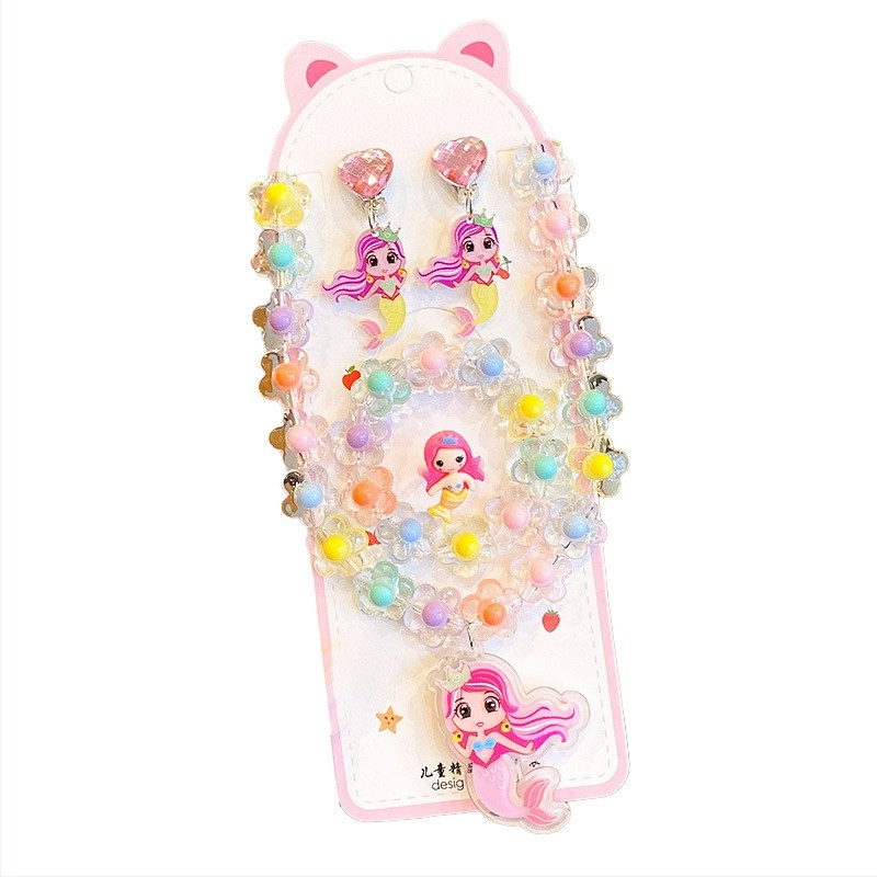 Detská súprava šperkov: náhrdelník, svetelný náramok, náušnice s klipom a prsteň – Séria Princezná, materiál plast/živica, vek 3-10 rokov