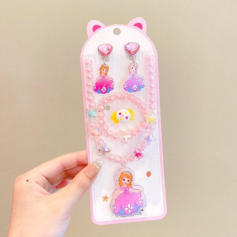 Vaikų papuošalų komplektas: karoliai, šviesos apyrankė, auskarai su kabliu ir žiedas – animacinių filmų princesės serija, plastikas/derva, amžius 3-10 metų