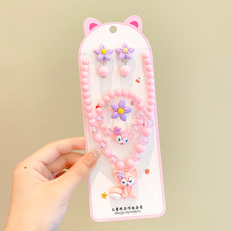 Vaikų papuošalų komplektas: karoliai, šviesos apyrankė, auskarai su kabliu ir žiedas – animacinių filmų princesės serija, plastikas/derva, amžius 3-10 metų