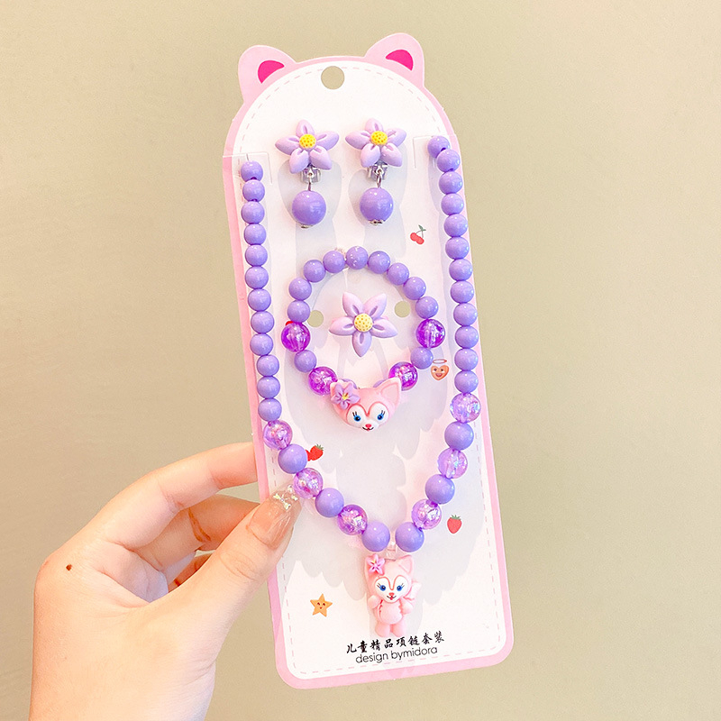 Vaikų papuošalų komplektas: karoliai, šviesos apyrankė, auskarai su kabliu ir žiedas – animacinių filmų princesės serija, plastikas/derva, amžius 3-10 metų