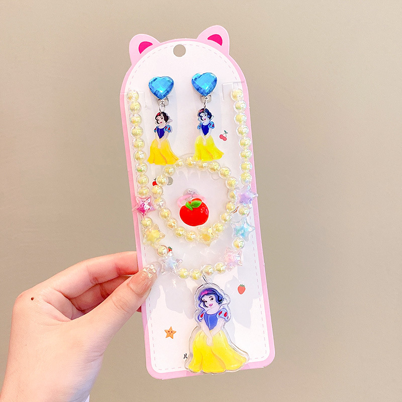 Vaikų papuošalų komplektas: karoliai, šviesos apyrankė, auskarai su kabliu ir žiedas – animacinių filmų princesės serija, plastikas/derva, amžius 3-10 metų