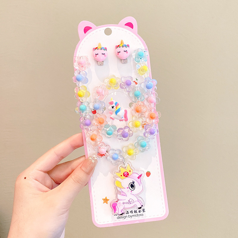 Vaikų papuošalų komplektas: karoliai, šviesos apyrankė, auskarai su kabliu ir žiedas – animacinių filmų princesės serija, plastikas/derva, amžius 3-10 metų