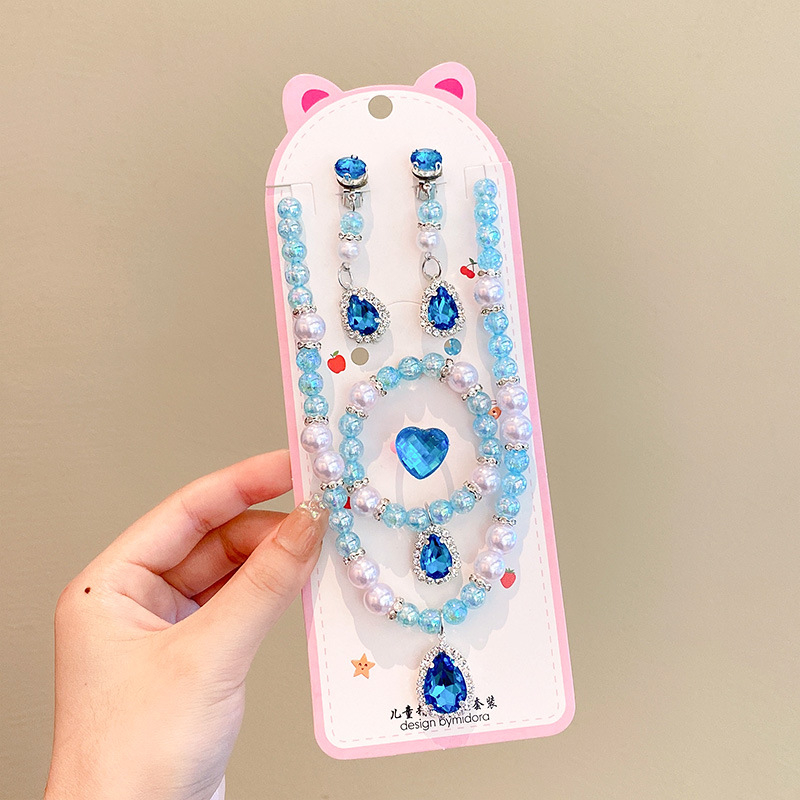 Vaikų papuošalų komplektas: karoliai, šviesos apyrankė, auskarai su kabliu ir žiedas – animacinių filmų princesės serija, plastikas/derva, amžius 3-10 metų