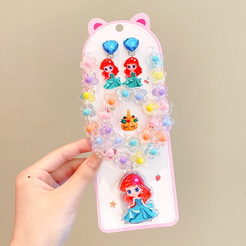 Vaikų papuošalų komplektas: karoliai, šviesos apyrankė, auskarai su kabliu ir žiedas – animacinių filmų princesės serija, plastikas/derva, amžius 3-10 metų