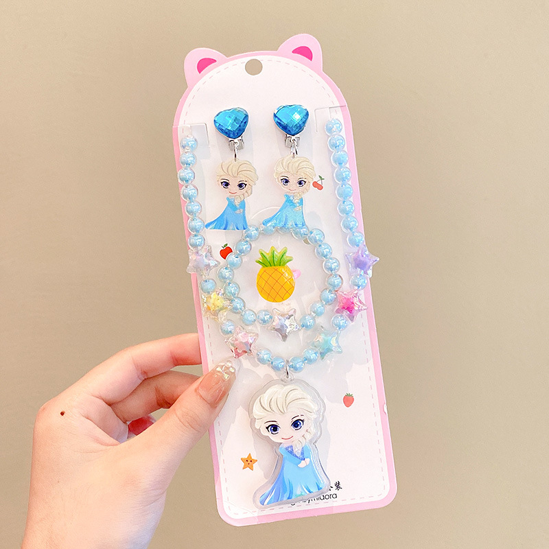 Vaikų papuošalų komplektas: karoliai, šviesos apyrankė, auskarai su kabliu ir žiedas – animacinių filmų princesės serija, plastikas/derva, amžius 3-10 metų