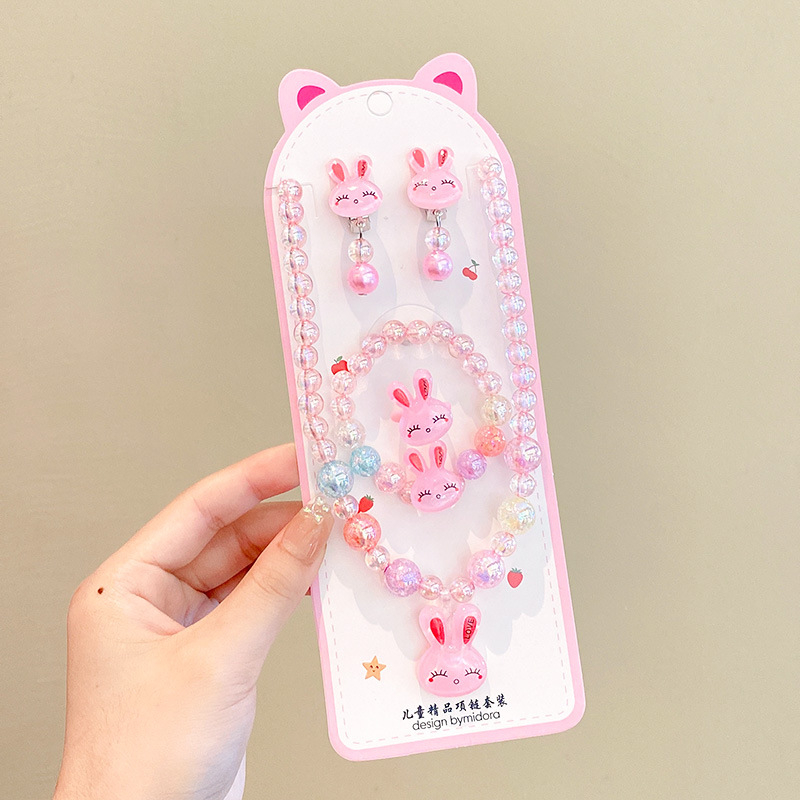 Vaikų papuošalų komplektas: karoliai, šviesos apyrankė, auskarai su kabliu ir žiedas – animacinių filmų princesės serija, plastikas/derva, amžius 3-10 metų