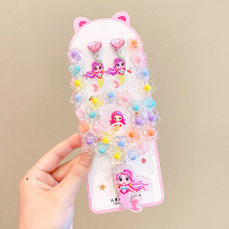 Vaikų papuošalų komplektas: karoliai, šviesos apyrankė, auskarai su kabliu ir žiedas – animacinių filmų princesės serija, plastikas/derva, amžius 3-10 metų