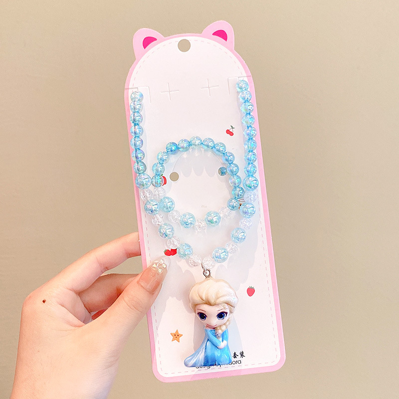 Vaikų papuošalų komplektas: karoliai, šviesos apyrankė, auskarai su kabliu ir žiedas – animacinių filmų princesės serija, plastikas/derva, amžius 3-10 metų