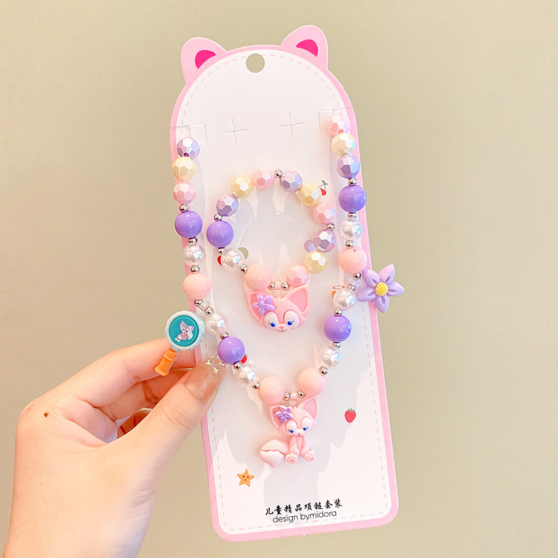 Vaikų papuošalų komplektas: karoliai, šviesos apyrankė, auskarai su kabliu ir žiedas – animacinių filmų princesės serija, plastikas/derva, amžius 3-10 metų