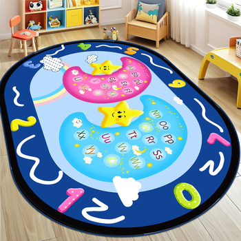 Килим от кристален велур с антихлъзгаща повърхност за детска градина, зона за четене, овална форма, полиестер, миещ се, стил карикатура, шарки: решетка, букви, цифри, цветя