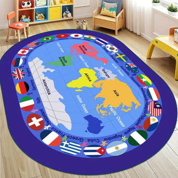 Килим от кристален велур с антихлъзгаща повърхност за детска градина, зона за четене, овална форма, полиестер, миещ се, стил карикатура, шарки: решетка, букви, цифри, цветя