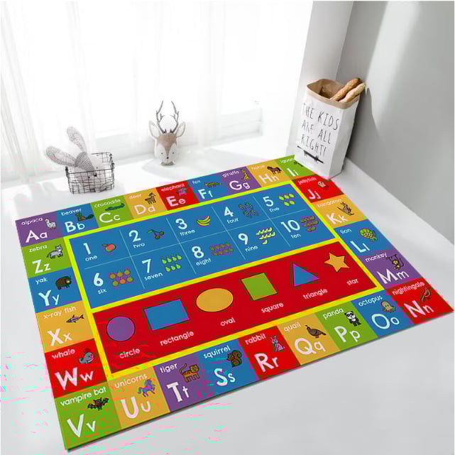 Килим от кристален велур с антихлъзгаща повърхност за детска градина, зона за четене, овална форма, полиестер, миещ се, стил карикатура, шарки: решетка, букви, цифри, цветя