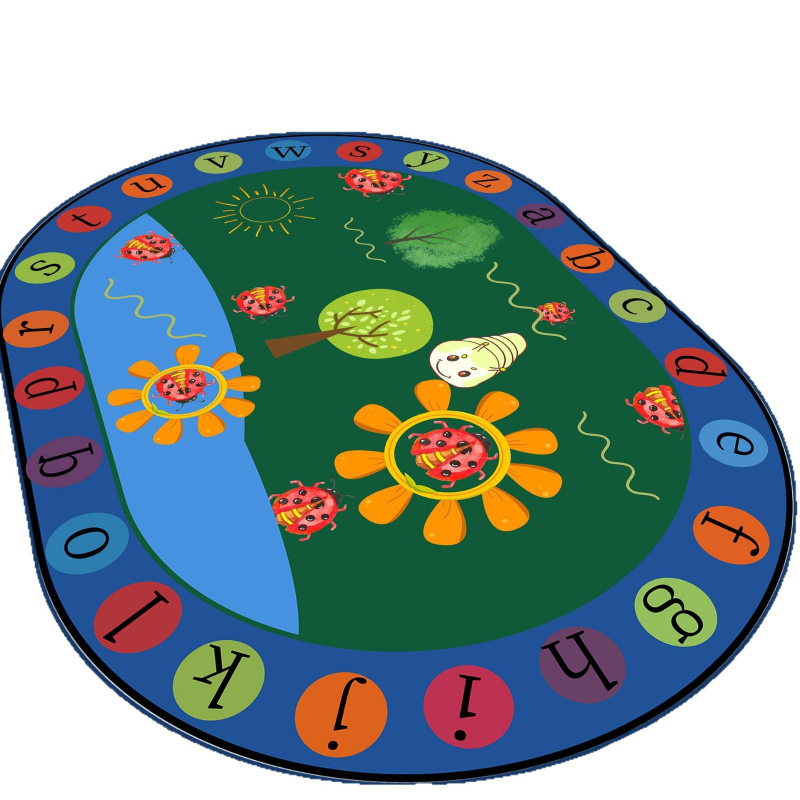 Килим от кристален велур с антихлъзгаща повърхност за детска градина, зона за четене, овална форма, полиестер, миещ се, стил карикатура, шарки: решетка, букви, цифри, цветя