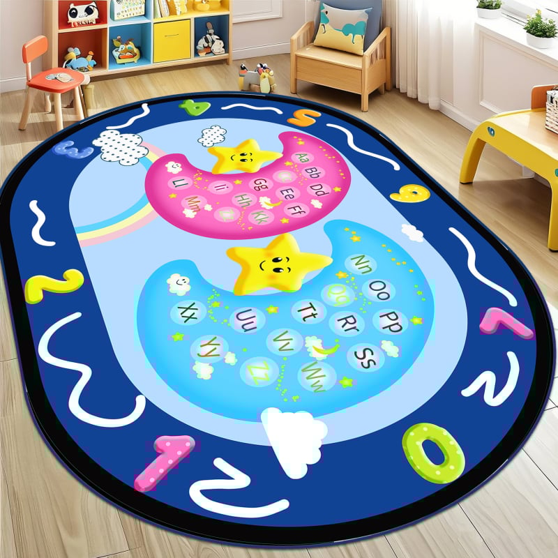Килим от кристален велур с антихлъзгаща повърхност за детска градина, зона за четене, овална форма, полиестер, миещ се, стил карикатура, шарки: решетка, букви, цифри, цветя