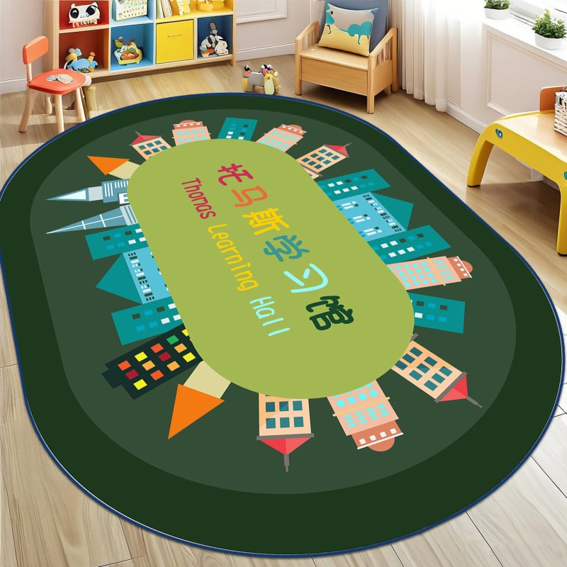 Килим от кристален велур с антихлъзгаща повърхност за детска градина, зона за четене, овална форма, полиестер, миещ се, стил карикатура, шарки: решетка, букви, цифри, цветя