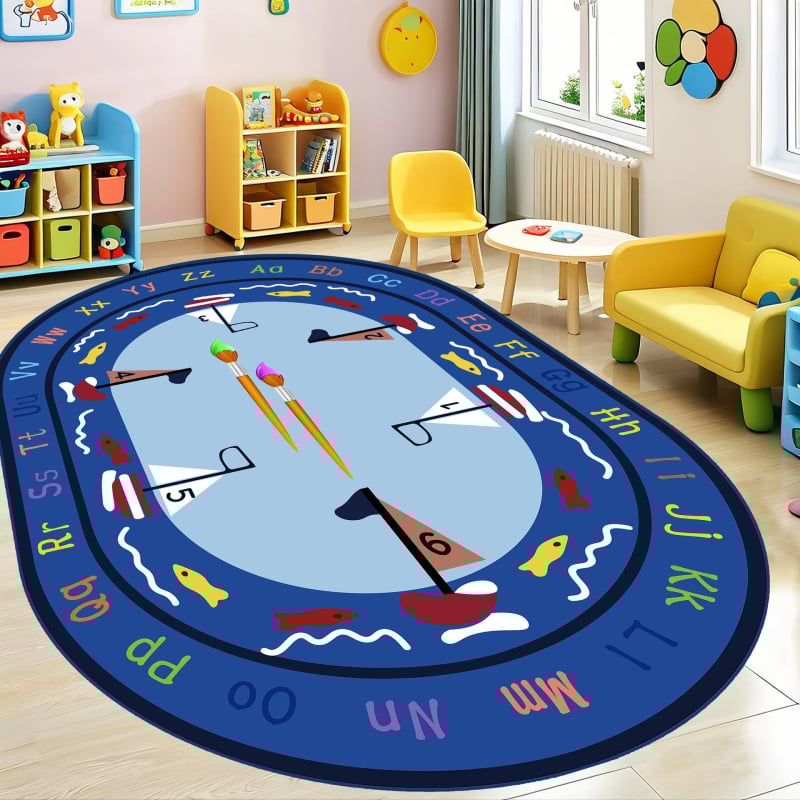 Килим от кристален велур с антихлъзгаща повърхност за детска градина, зона за четене, овална форма, полиестер, миещ се, стил карикатура, шарки: решетка, букви, цифри, цветя