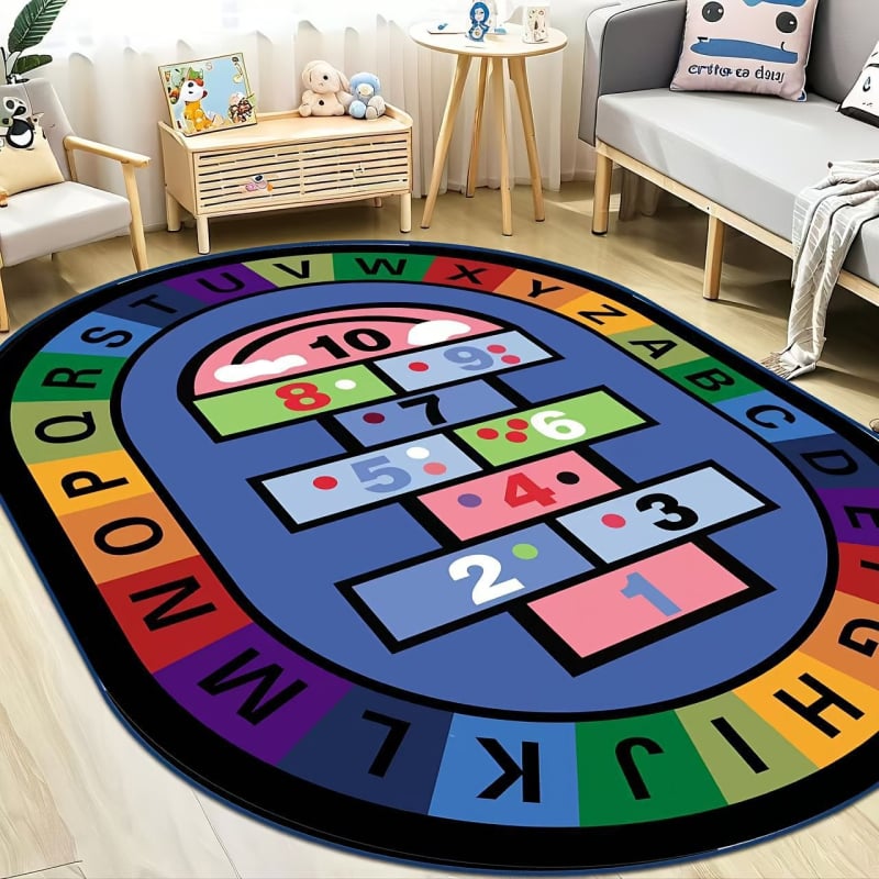 Килим от кристален велур с антихлъзгаща повърхност за детска градина, зона за четене, овална форма, полиестер, миещ се, стил карикатура, шарки: решетка, букви, цифри, цветя