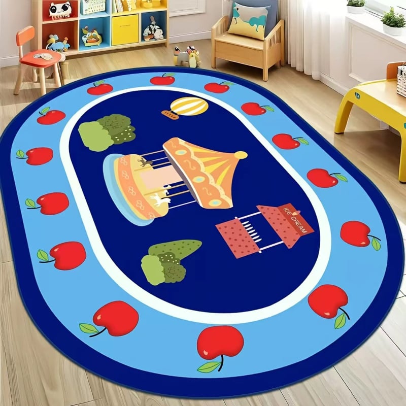 Килим от кристален велур с антихлъзгаща повърхност за детска градина, зона за четене, овална форма, полиестер, миещ се, стил карикатура, шарки: решетка, букви, цифри, цветя